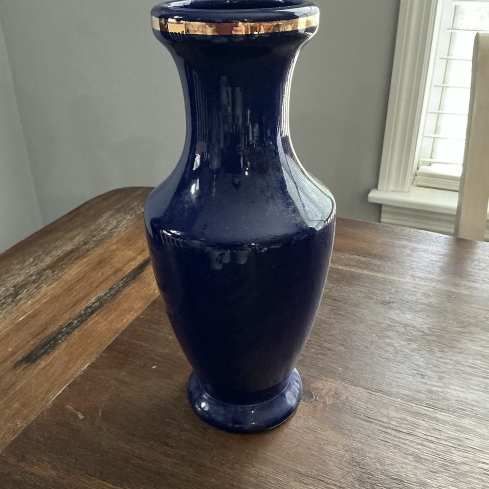 VTG Japanese Cobalt Blue Floral Vase with Gold Trim – 10" Hand-Painted Porcelain - Picture 5 of 11